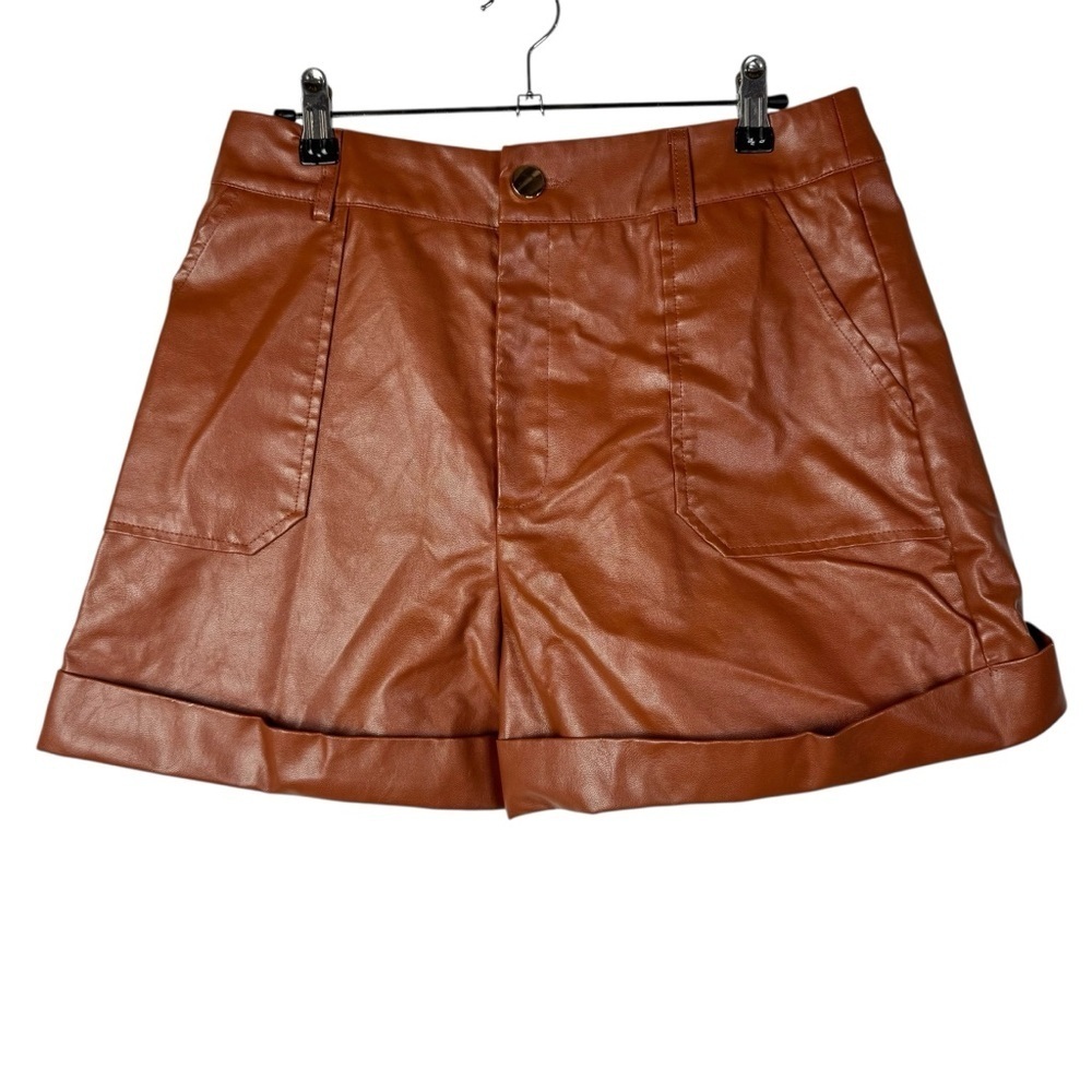Shein Brown Cuff Hem High Rise Faux Leather Shorts‎ L